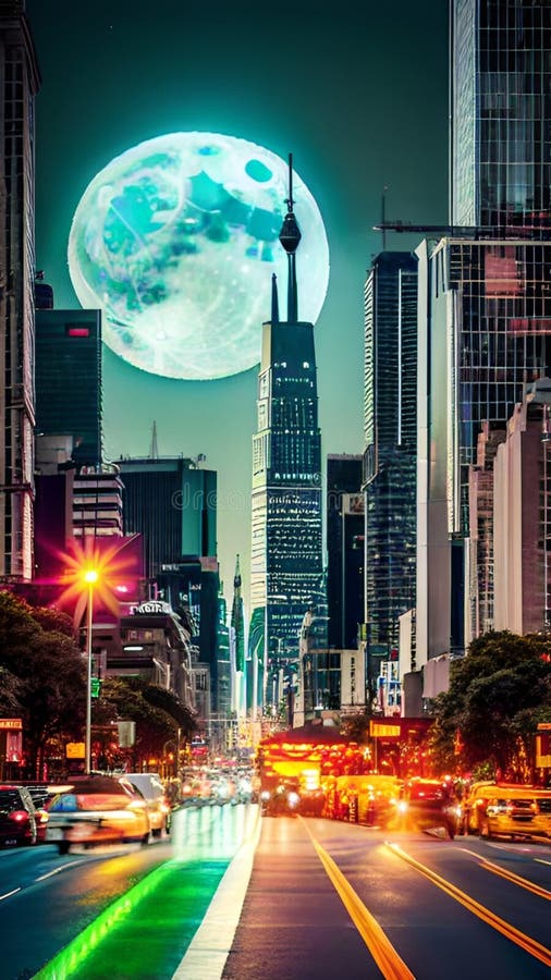 Supermoon casting on Modern skyscrapers illustration Artificial intelligence artwork generated royalty free illustration