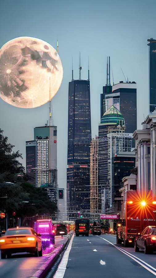 Supermoon casting on Modern skyscrapers illustration Artificial intelligence artwork generated royalty free illustration