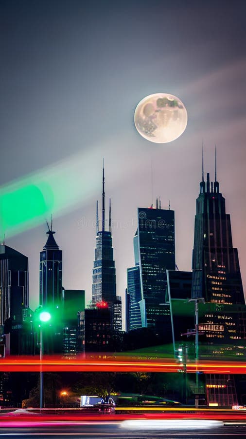Supermoon casting on Modern skyscrapers illustration Artificial intelligence artwork generated royalty free illustration
