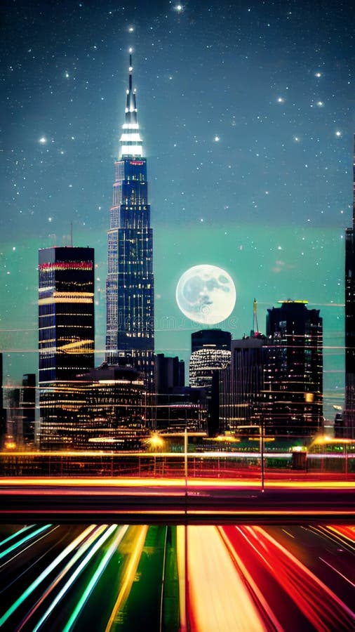 Supermoon casting on Modern skyscrapers illustration Artificial intelligence artwork generated royalty free illustration