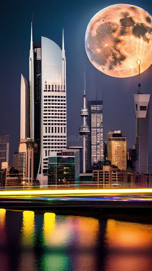 Supermoon casting on Modern skyscrapers illustration Artificial intelligence artwork generated vector illustration