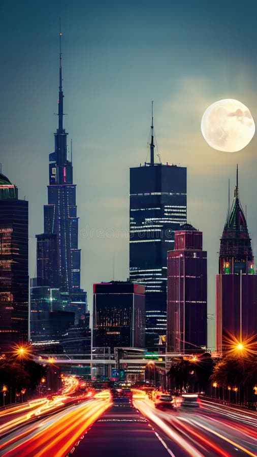 Supermoon casting on Modern skyscrapers illustration Artificial intelligence artwork generated vector illustration