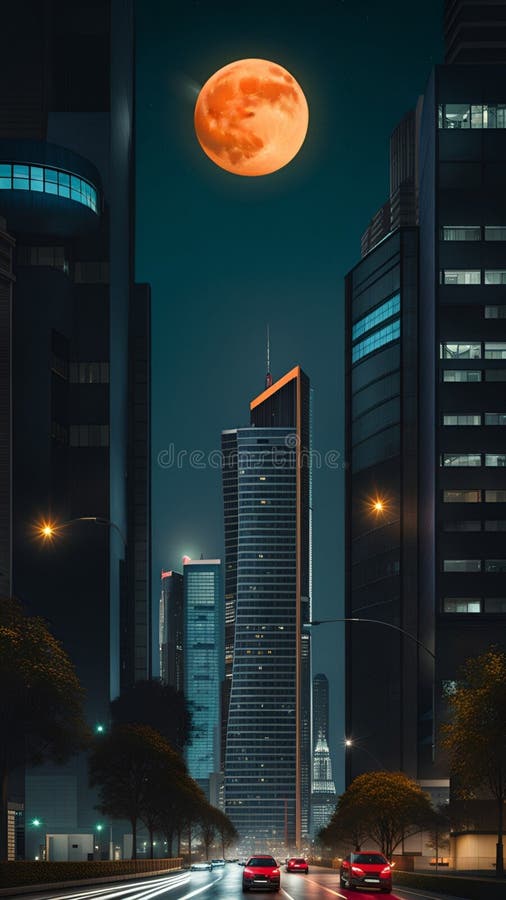 Supermoon casting on Modern skyscrapers illustration Artificial intelligence artwork generated royalty free illustration