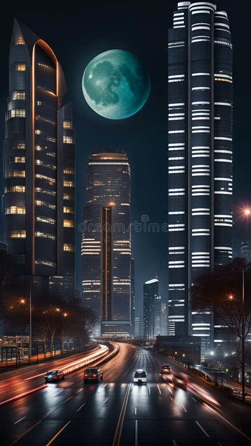 Supermoon casting on Modern skyscrapers illustration Artificial intelligence artwork generated vector illustration