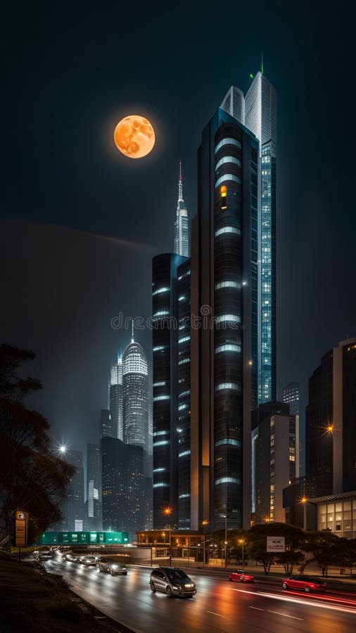 Supermoon casting on Modern skyscrapers illustration Artificial intelligence artwork generated royalty free illustration
