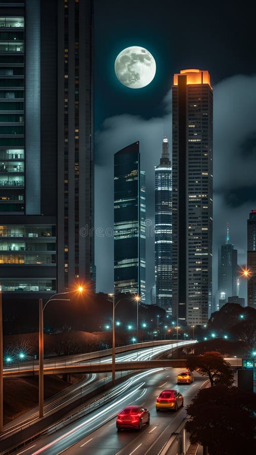 Supermoon casting on Modern skyscrapers illustration Artificial intelligence artwork generated vector illustration