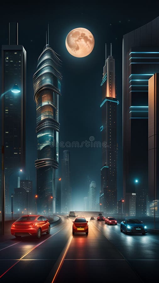 Supermoon casting on Modern skyscrapers illustration Artificial intelligence artwork generated vector illustration