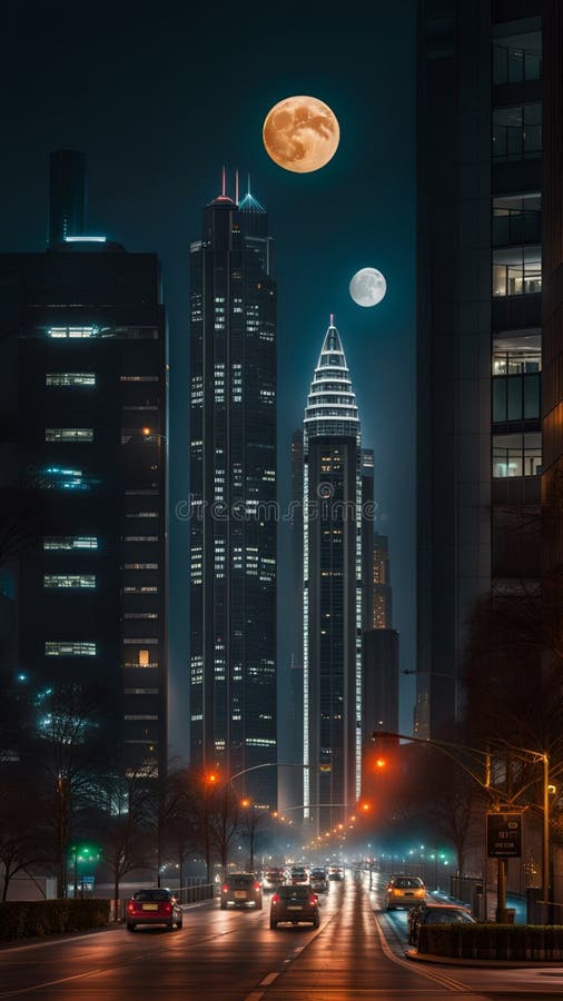 Supermoon casting on Modern skyscrapers illustration Artificial intelligence artwork generated vector illustration