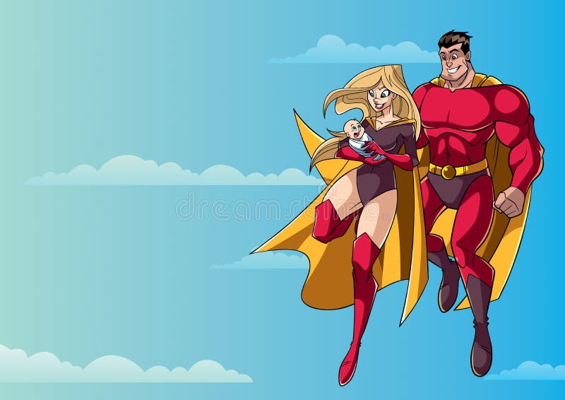 Supermutter-Vati und Baby im Himmel stock abbildung Supermutter-Vati und Baby im Himmel stock abbildung