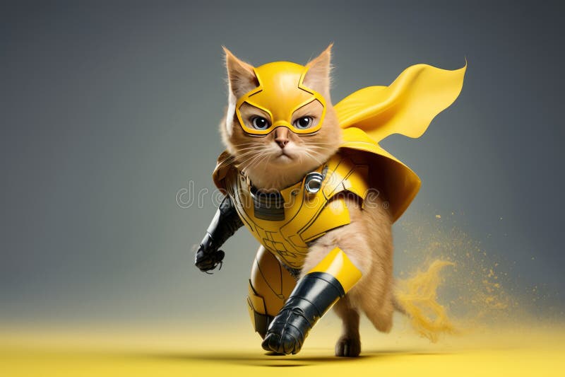 Superpet Cat As Superhero with Cape on Yellow Background. Created Generative Ai Stock