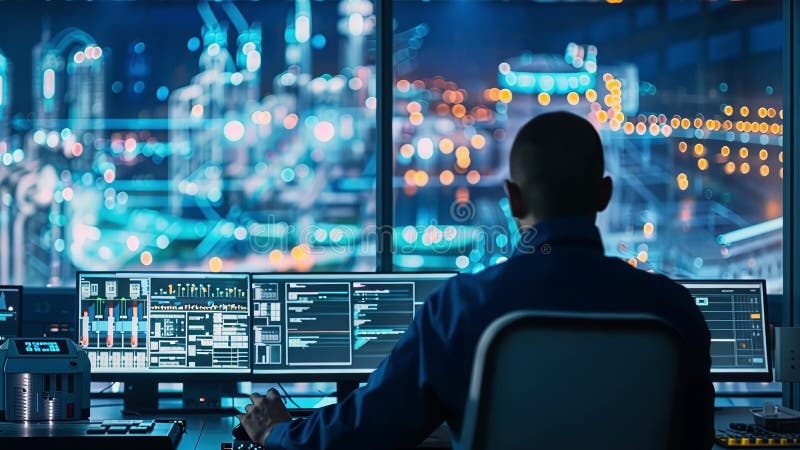 Industrial engineer working late and monitoring production from control room with augmented reality software stock illustration
