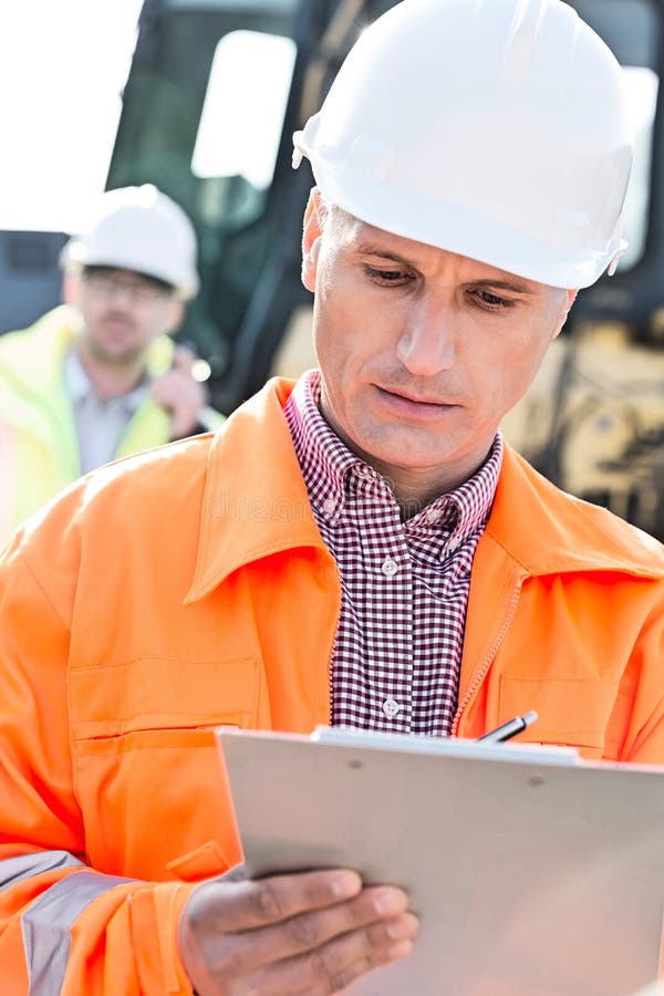 Supervisor Writing Clipboard Construction Site Colleague Background