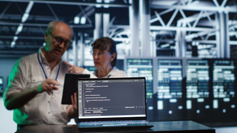 Supervisors running code in data center royalty free stock photo