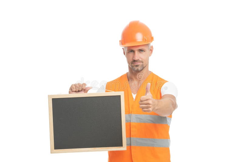 Supervizor fericit arată publicitate izolată pe alb. supervizor pentru publicitate royalty free stock photo