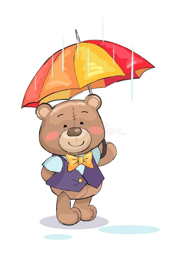 Suporte bonito do Peluche-urso sob o tempo chuvoso do guarda-chuva ilustração stock Suporte bonito do Peluche-urso sob o tempo chuvoso do guarda-chuva ilustração stock