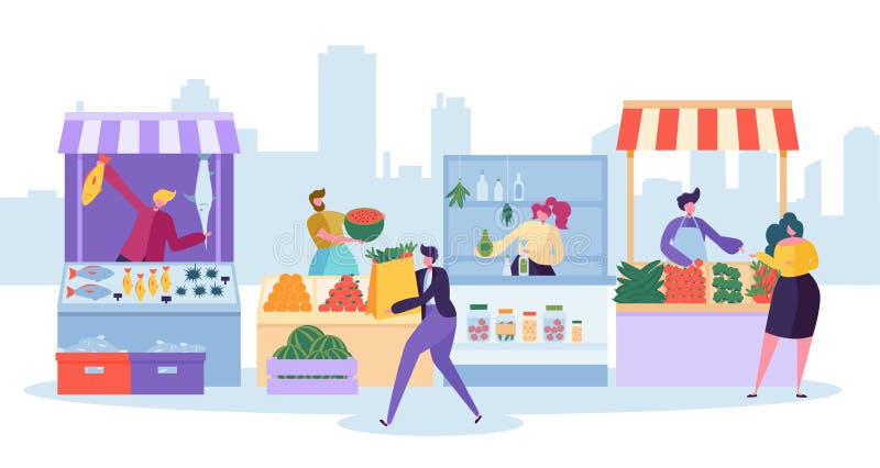 Suporte do mercado dos alimentos frescos Loja local orgânica da exploração agrícola Mantimento e peixes da compra do caráter do c ilustração do vetor Suporte do mercado dos alimentos frescos Loja local orgânica da exploração agrícola Mantimento e peixes da compra do caráter do c ilustração do vetor
