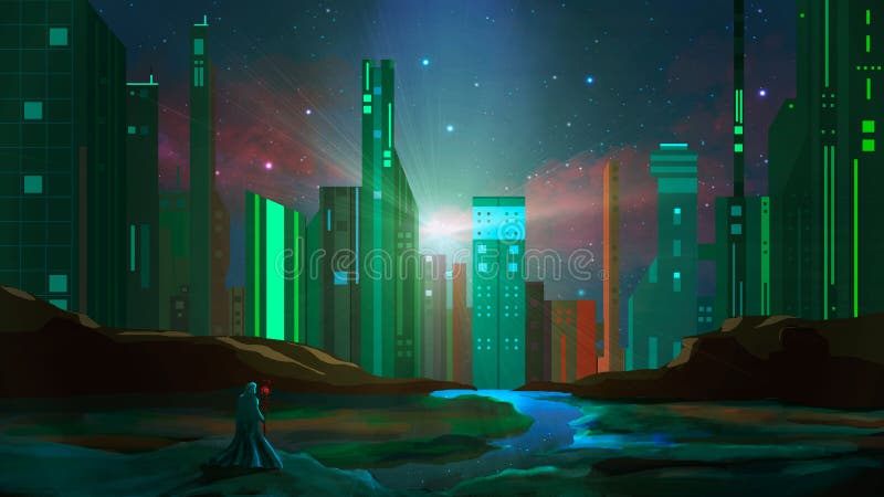 Suporte do m?gico na rocha com rio e cidade da fic??o cient?fica na noite Pintura de Digitas ilustração stock Suporte do m?gico na rocha com rio e cidade da fic??o cient?fica na noite Pintura de Digitas ilustração stock