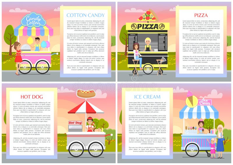 Suportes do gelado do cachorro quente e da pizza do algodão doce ilustração do vetor Suportes do gelado do cachorro quente e da pizza do algodão doce ilustração do vetor