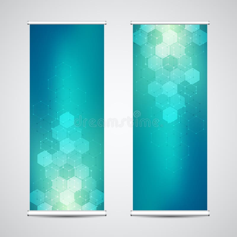Suporturi pentru bannere în sus cu fundal geometric abstract al modelului hexagonilor. fundal digital hitech. vector stock illustration