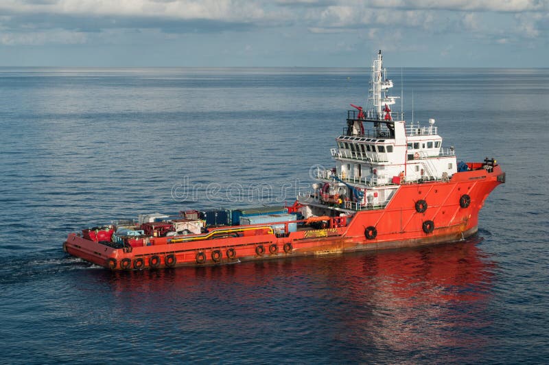 Supply Boat Around Offshore Rig Stock Image Image of crane