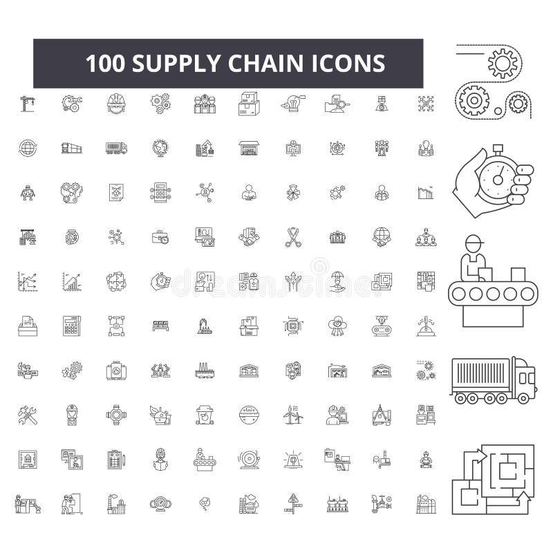 Supply chain editable line icons, 100 vector set, collection. Supply chain black outline illustrations, signs, symbols royalty free illustration
