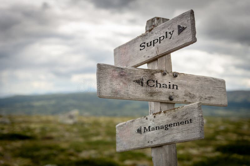 Supply, chain and management text on wooden road sign outdoors in nature