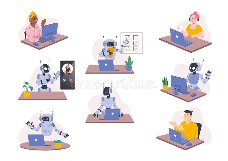 Support für Chatter. Roboter und Mitarbeiter im Büro. Android-Client in Call Center lizenzfreie abbildung