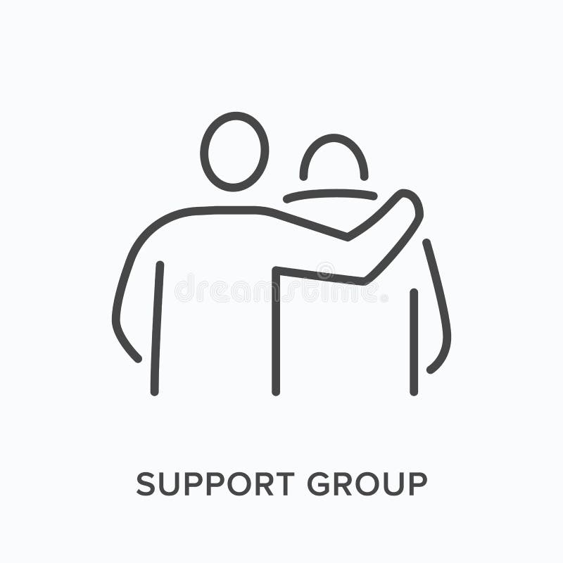 Support group flat line icon. Vector outline illustration of therapy, friendship hug. Man supporting his friend with royalty free illustration