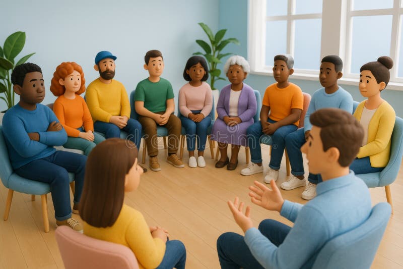 Diverse group of people sitting in a supportive therapy circle during an outpatient session, representing community in addiction recovery