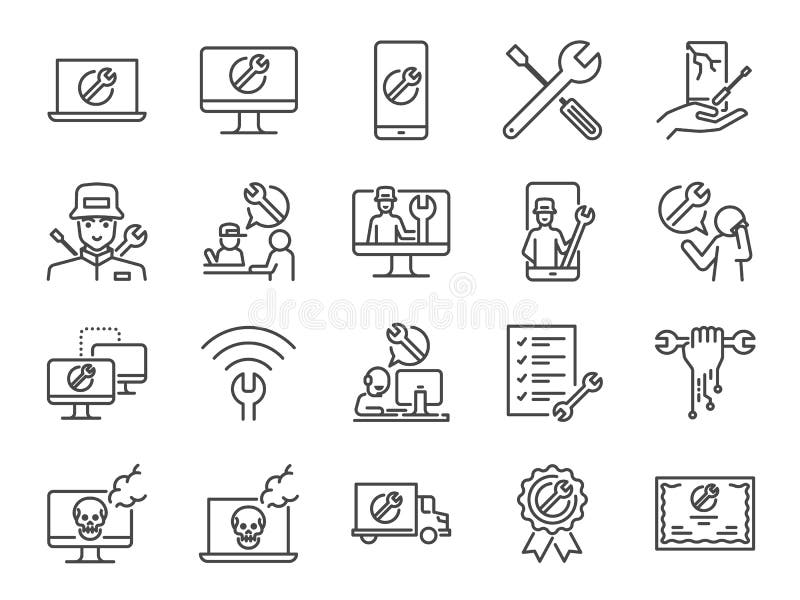 IT support icon set. Included the icons as tech support, technician, broken computer, mobile, technical help desk, onsite services