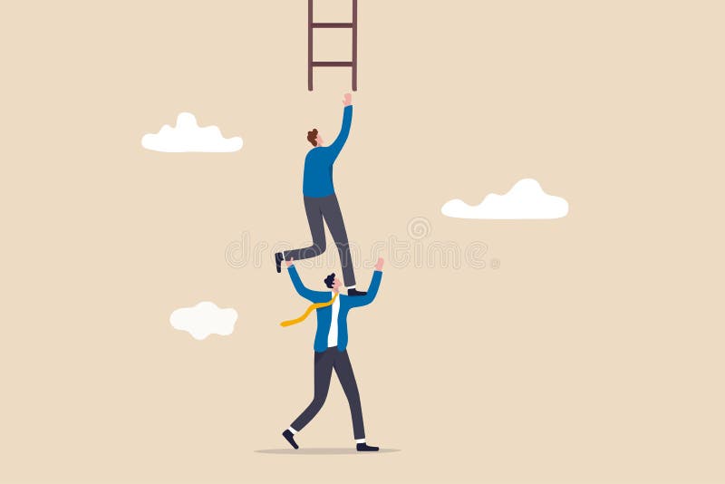 Support or mentor to achieve business success, teamwork collaboration or partnership help to reach target concept, businessman vector illustration