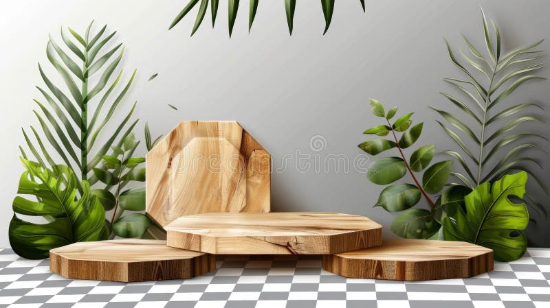 Wooden minimalist stand with herbal plant and a minimal hexagonal stand isolated on transparent background. Premium beauty showcase modern mockup.. AI generated. Wooden minimalist stand with herbal plant and a minimal hexagonal stand isolated on transparent background. Premium beauty showcase modern mockup.. AI generated