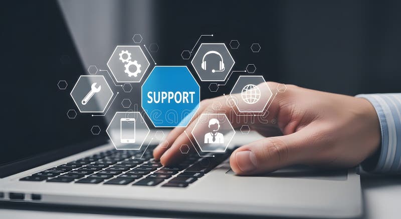 Support services online customer service help desk technical assistance virtual assistance laptop keyboard vector illustration