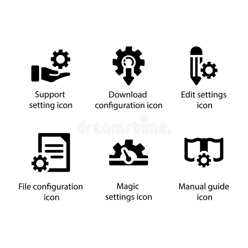 Support setting, Download configuration, Edit settings, File configuration, Magic settings, Manual guide, icon vector illustration