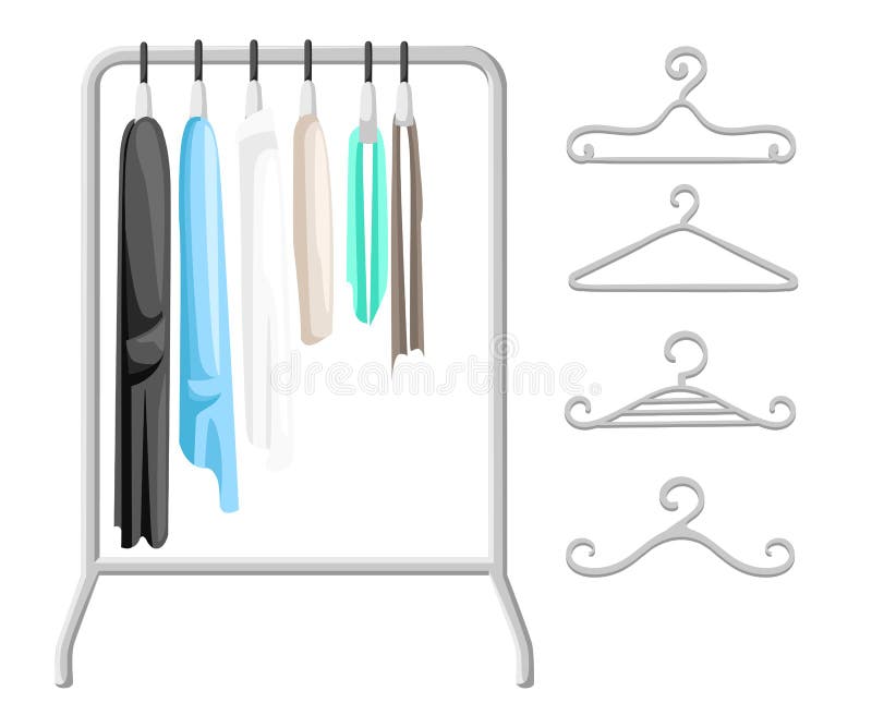 Supports de cintre avec des vêtements sur des cintres Concept moderne d'illustration de style plat de conception illustration stock Supports de cintre avec des vêtements sur des cintres Concept moderne d'illustration de style plat de conception illustration stock