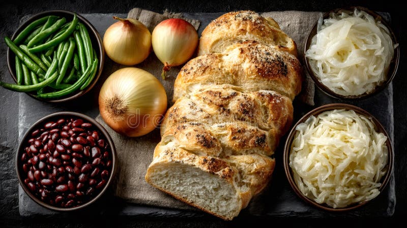 Suprafață întunecată cu pâine challah fasole verde boabe de fasole verde ceapă varză murată privită de sus cu material textil rust royalty free illustration