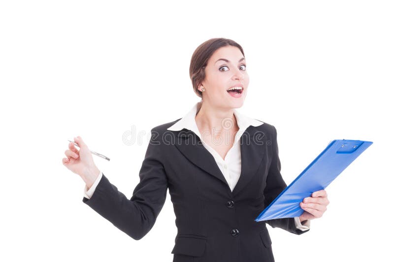 Supraveghetor femeie zâmbitoare fericită sau inspector care deține clipboard royalty free stock photo