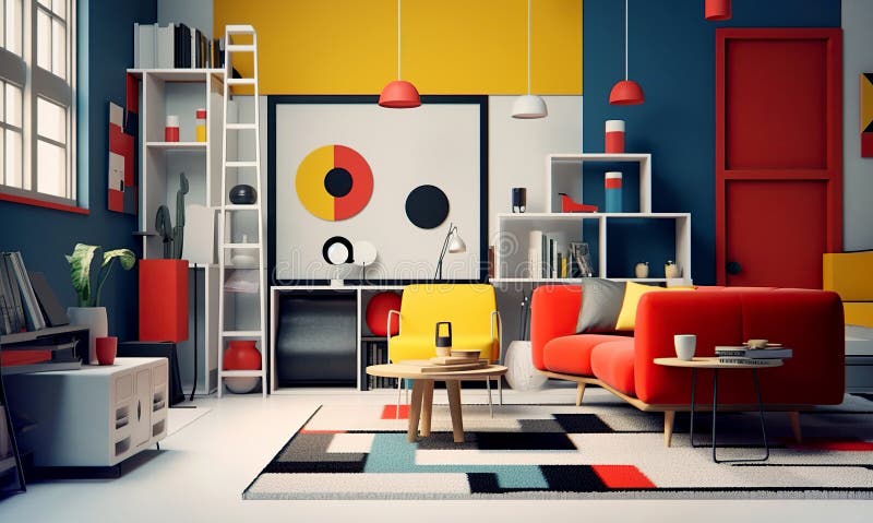 Suprematism style interior design of modern living room with abstract geometric shapes. Created with generative AI vector illustration