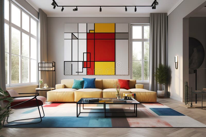 Suprematism style interior design of modern living room with yellow sofa. Created with generative AI vector illustration