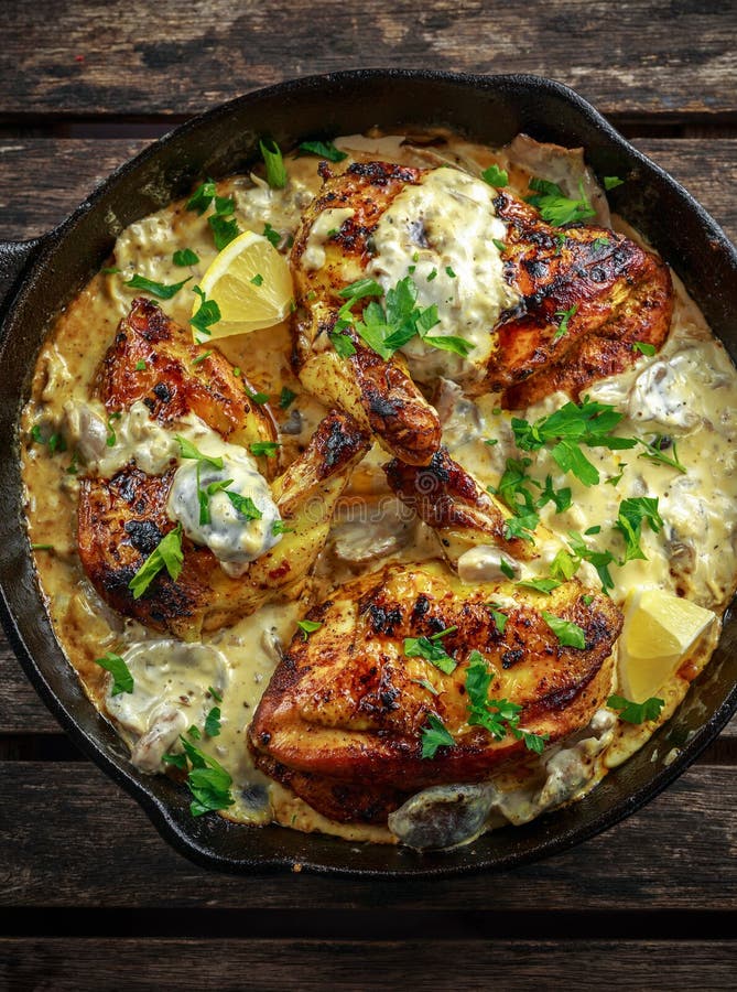 Supremes crémeux de fellets de poulet en sauce aux champignons avec le persil dans la poêle rustique de fonte photos libres de droits Supremes crémeux de fellets de poulet en sauce aux champignons avec le persil dans la poêle rustique de fonte photos libres de droits