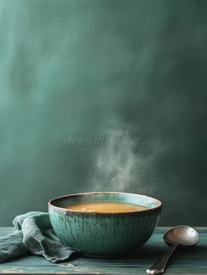 Supă aburind într-un castron rustic de metal pe o masă de lemn. royalty free stock photos