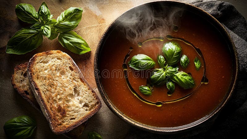Supă de tomate cu abur, pâine rustică, setarea blog-ului alimentar royalty free stock image
