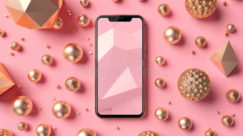 On pink background with gold pearls, abstract design with smartphone mockup in round frame, geometric 3D shapes such as hemisphere, octahedron, sphere, cone, cylinder and icosahedron.. AI generated. On pink background with gold pearls, abstract design with smartphone mockup in round frame, geometric 3D shapes such as hemisphere, octahedron, sphere, cone, cylinder and icosahedron.. AI generated