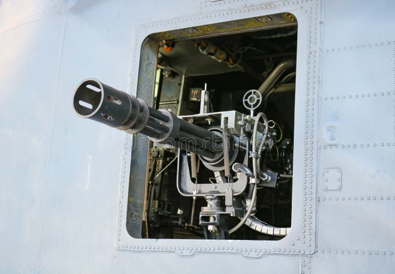 Machine gun on MH-53 Sikorsky Pave Low at RAF Cosford museum in England united kingdom. Machine gun on MH-53 Sikorsky Pave Low at RAF Cosford museum in England united kingdom