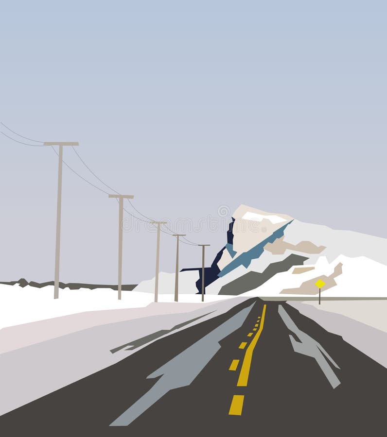 Sur le chemin aux montagnes neigeuses Paysage abstrait dans le style d'art de minimalisme avec la route droite aux montagnes d'hi illustration stock Sur le chemin aux montagnes neigeuses Paysage abstrait dans le style d'art de minimalisme avec la route droite aux montagnes d'hi illustration stock