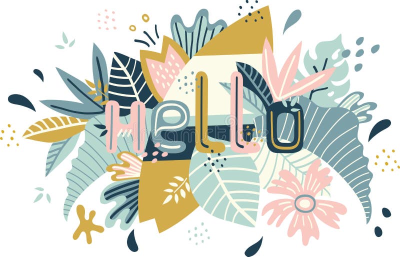Hello hand drawn vector lettering. Doodle floral background and hand made text. royalty free illustration