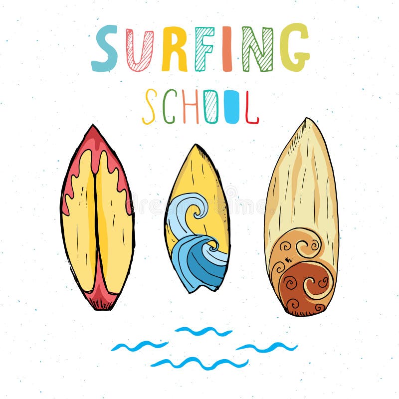 Surf boards hand drawn sketch t-shirt print design, surfing school typography, Summer vintage retro badge template, vector illustr royalty free illustration Surf boards hand drawn sketch t-shirt print design, surfing school typography, Summer vintage retro badge template, vector illustr royalty free illustration