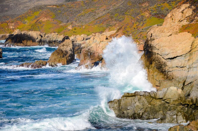 Surf Breaking on Cliffs Along the Beautiful Big Sur Coast in California