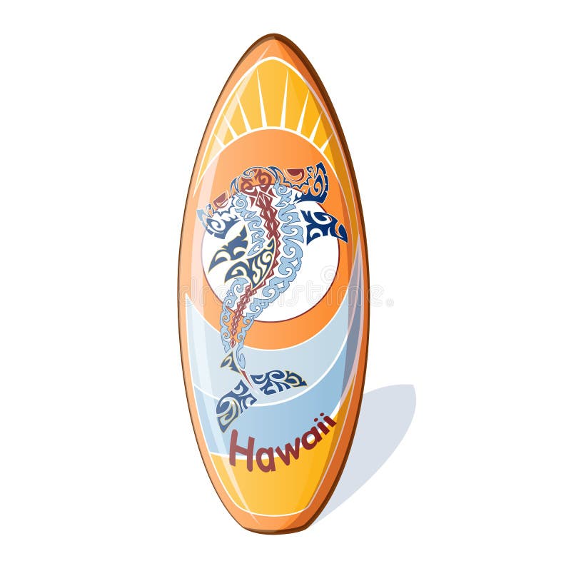 Surf con un modello hawaiano nazionale dallo squalo martello, onde stilizzate, il sole illustrazione di stock Surf con un modello hawaiano nazionale dallo squalo martello, onde stilizzate, il sole illustrazione di stock