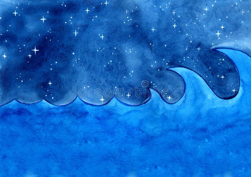 Surf et ciel nocturne entre l'aquarelle en étoile illustration stock